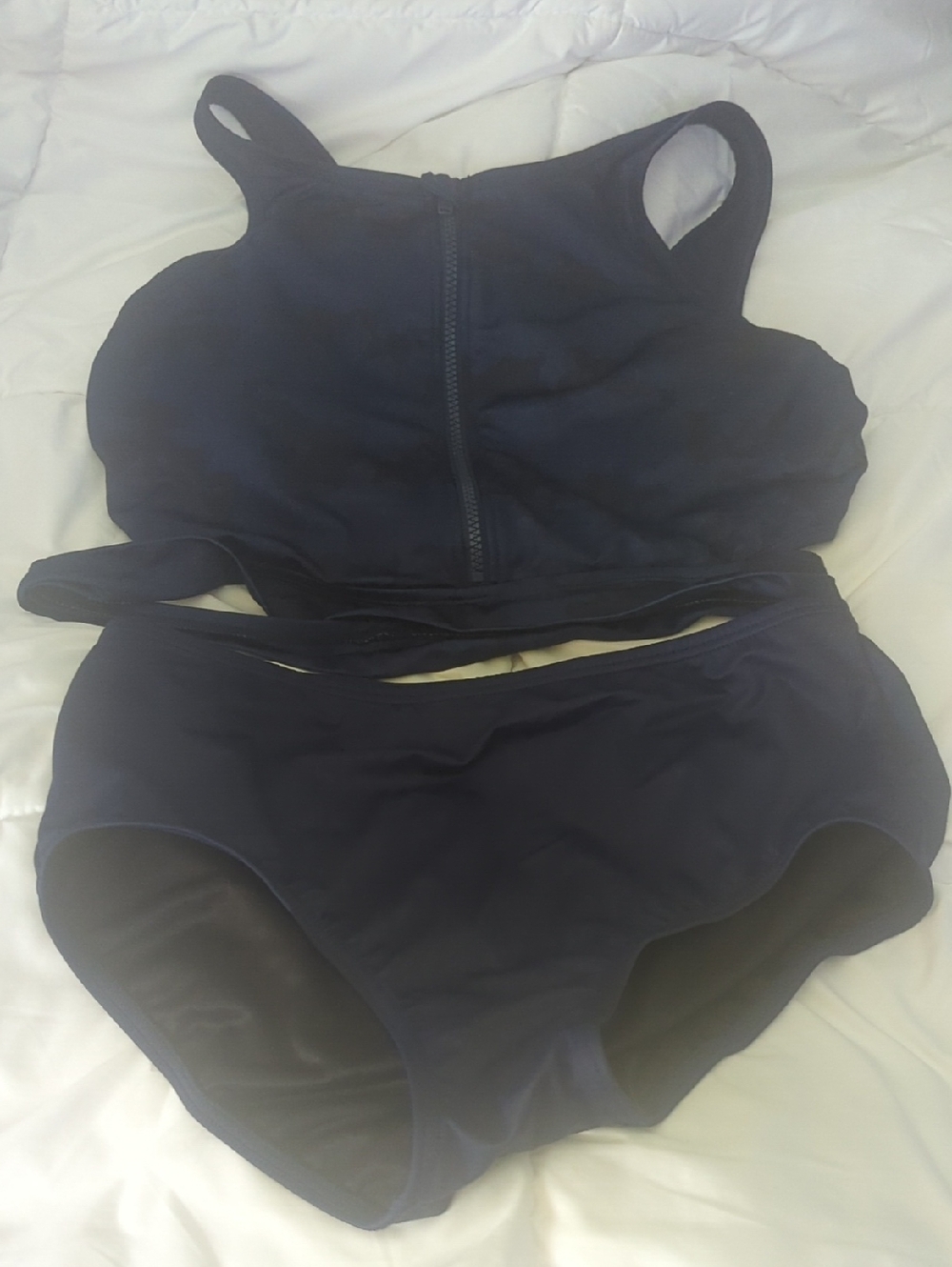 Navy Blue Two-Piece Swim Set - Zipper Front Top